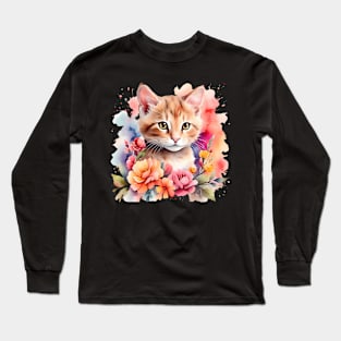 A cat decorated with beautiful watercolor flowers Long Sleeve T-Shirt